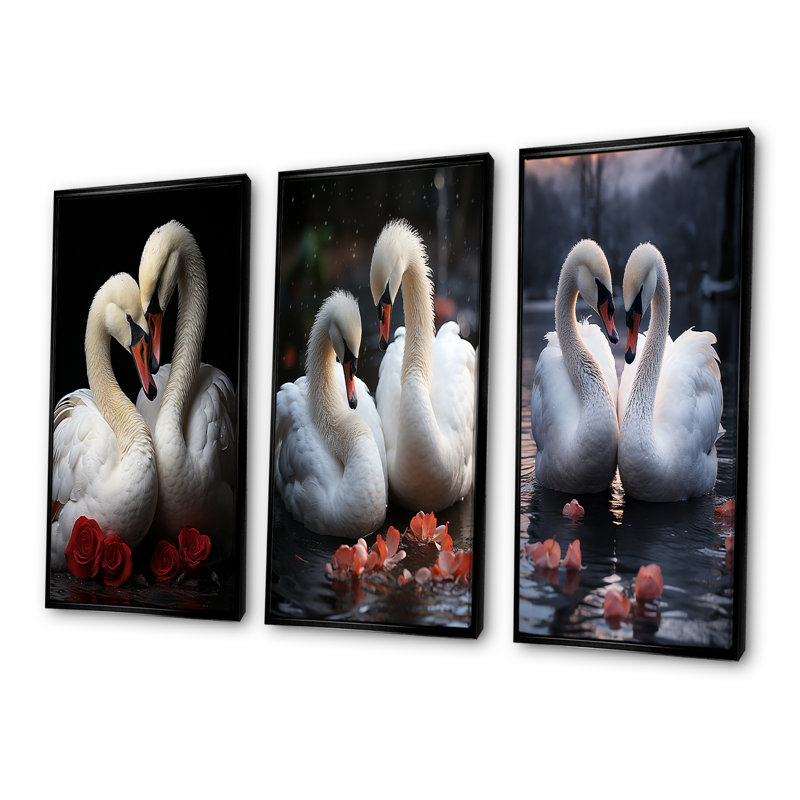 Swans Romantic Portrait - Ensemble de 3 décorations murales Swans, Cadre flottant noir, H 40 po x l 60 po