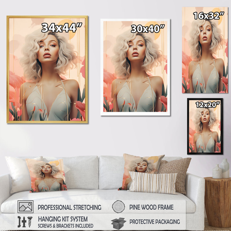 «Sensual Grace Art Nouveau Woman» rose et beige - impression, 40" H x 30" W, Cadre flottant noir