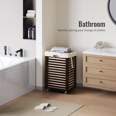 Panier à linge avec roulettes, panier à linge roulant avec sac amovible, paniers à linge en bambou avec poignées pour vêtements, salle de bain, chambre à coucher, salle de lavage