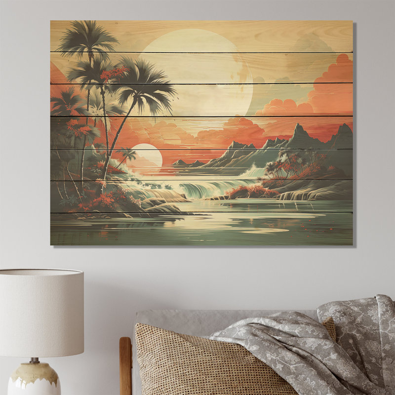 Art Deco Tropical Dreams At Sunset I - Abstract Landscape On Wood Print, 34" H x 44" W x 0.78" D