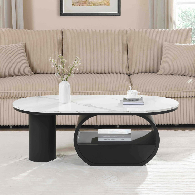 Table basse ovale Luxury, Blanc, Noir, Marbre