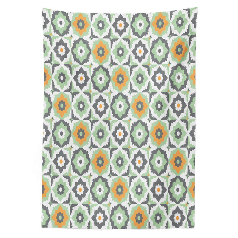 Ambesonne Quatrefoil Tablecloth, Lotus Floral Shapes Moroccan Tile Pattern Eastern Inspired Retro Print, Rectangular Table Cover For Dining Room Kitchen Decor, 52" X 70", Green White