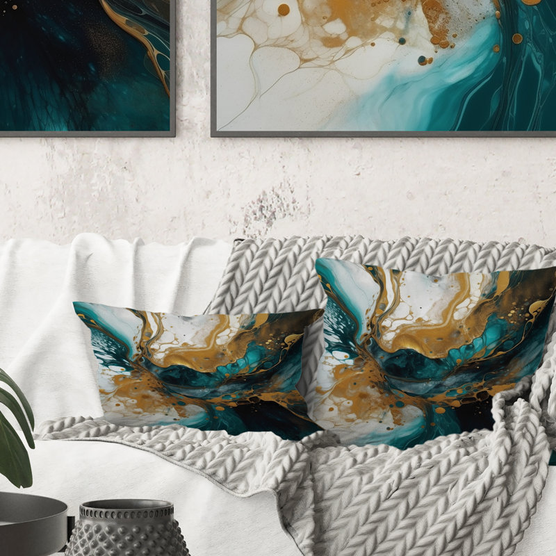 Turquoise et or sculptant l'espace - Coussin décoratif à imprimé géométrique abstrait, 16" x 16"