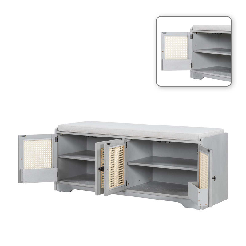 Farmhouse Rattan Door Storage Bench with Cushioned Seat, Adjustable Shelves, Multifunctional Wood Shoe Bench for Entryway, Hallway and Living Room