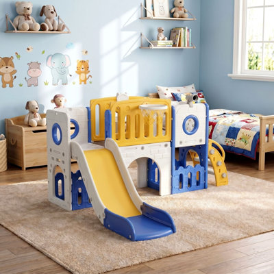  Grande glissade pour tout-petits 9 en 1, ensemble de jeu pour enfants avec longue pente, ensemble d'escalade pour bébé avec panier de basketball, télescope, tunnel, espace de rangement, marches fermées, aire de jeux intérieure et extérieure