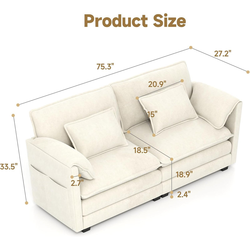 Canapé modulaire en chenille beige 75,3 pouces, livré avec 6 coussins pour le salon et le bureau, Chenille beige