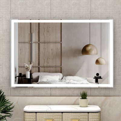 Oversized 60X40 Inch Bathroom Mirror With Led, Waterproof, Safe And Dependable Aluminum Frame, 3 Color Options, Smart Touch Control System Functionality Feature Large Led Mirror, Silver Technology
