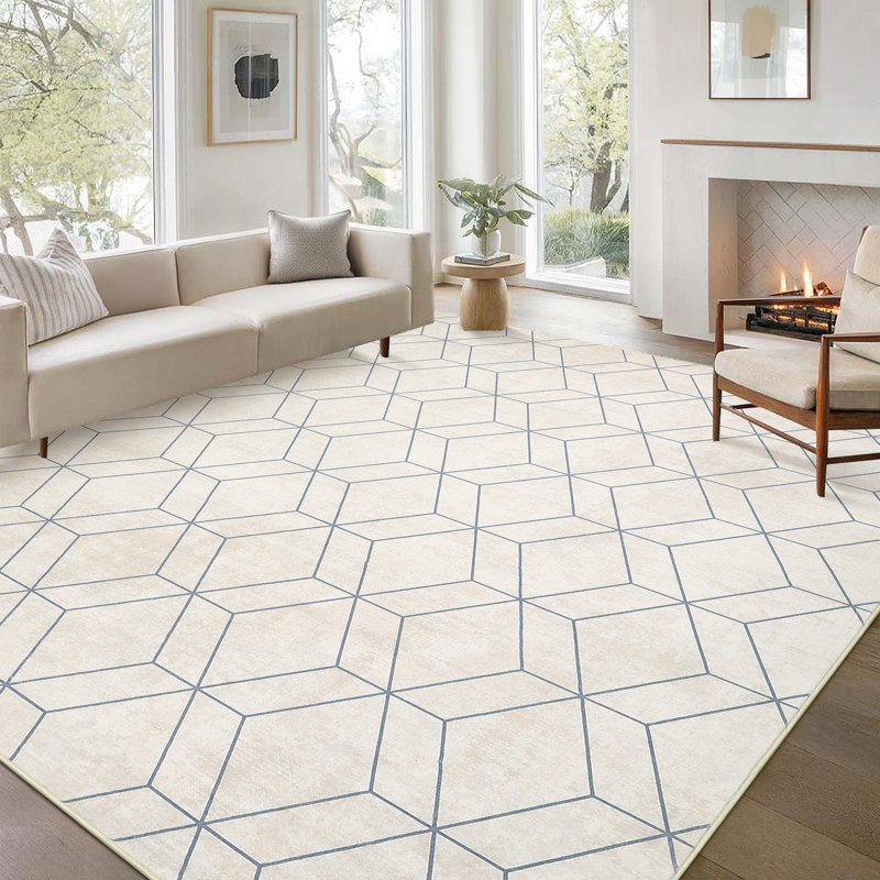 9x12 Beige Runner Washable Indoor Area Rug Geometric Pattern Non Slip Stain Resistant Carpet, Rectangle 9' x 12'