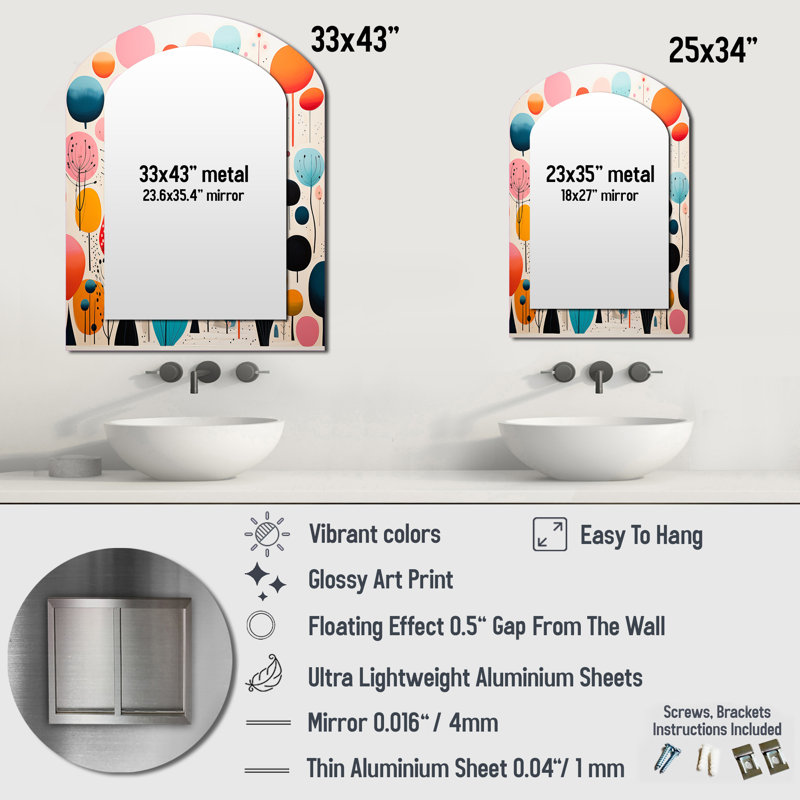 «Pink Mid Century Playful Patterns I», miroir mural décoratif moderne de style Mid-Century, grand miroir arqué rose, impression sur métal
