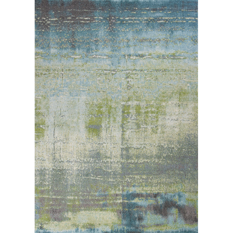 Tapis bleu / vert mousse Leonidas, Rectangle 6 pi 7 po x 9 pi 6 po