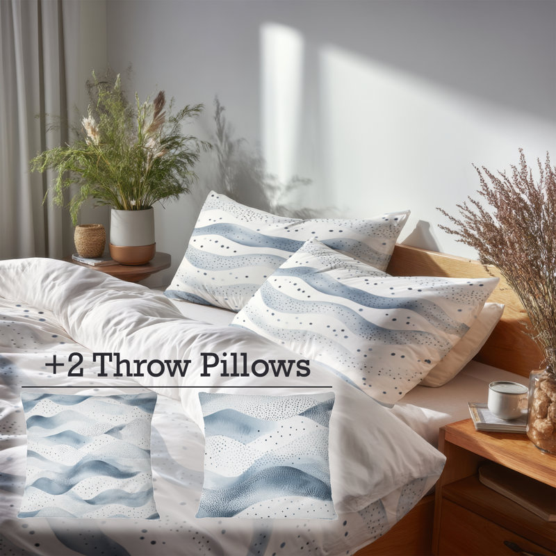 Dotted Wave Silver Blue Bedding, Queen Comforter + 5 Additional Pieces