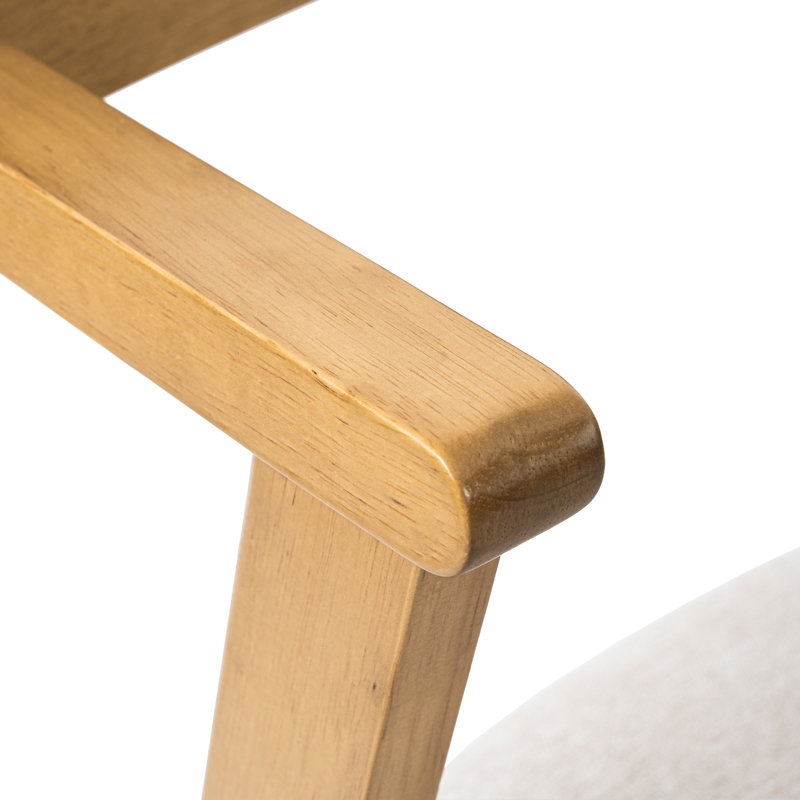 Modern Farmhouse Dining Chair With Upholstered Seat - Solid Oak Wood, Carved Back & Short Arms, Fabric Beige Brown 