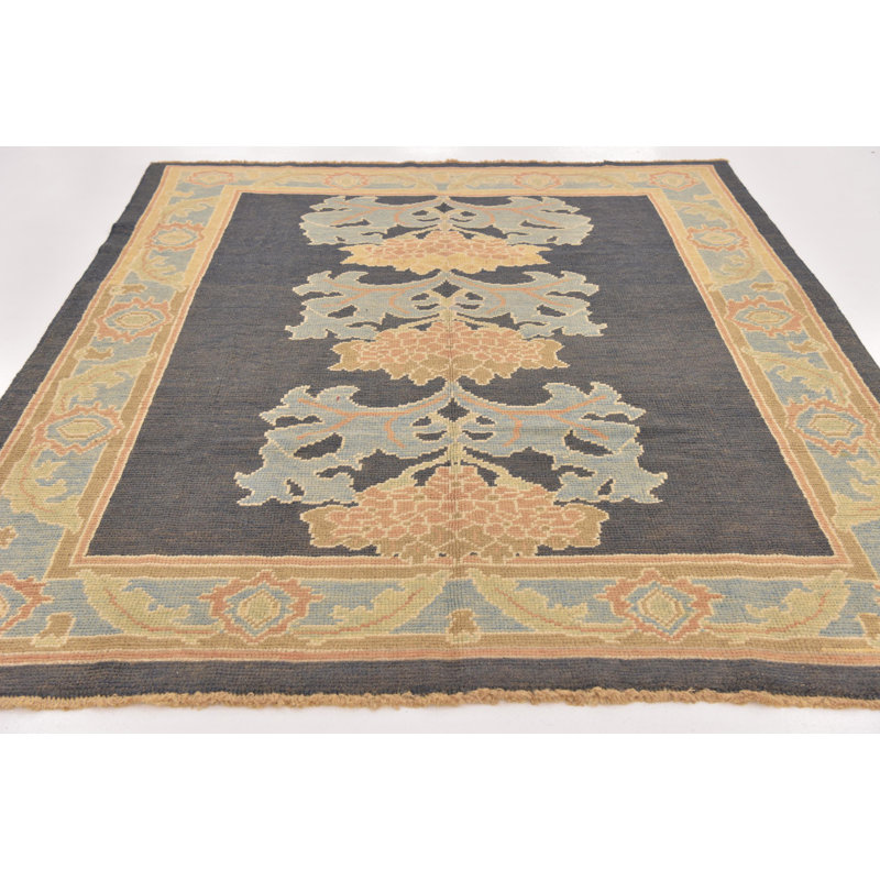 Tapis de zone en laine beige/noir/bleu 6 pi 10 po x 8 pi 4 po one-of-kind à la main noué la Mehdi
