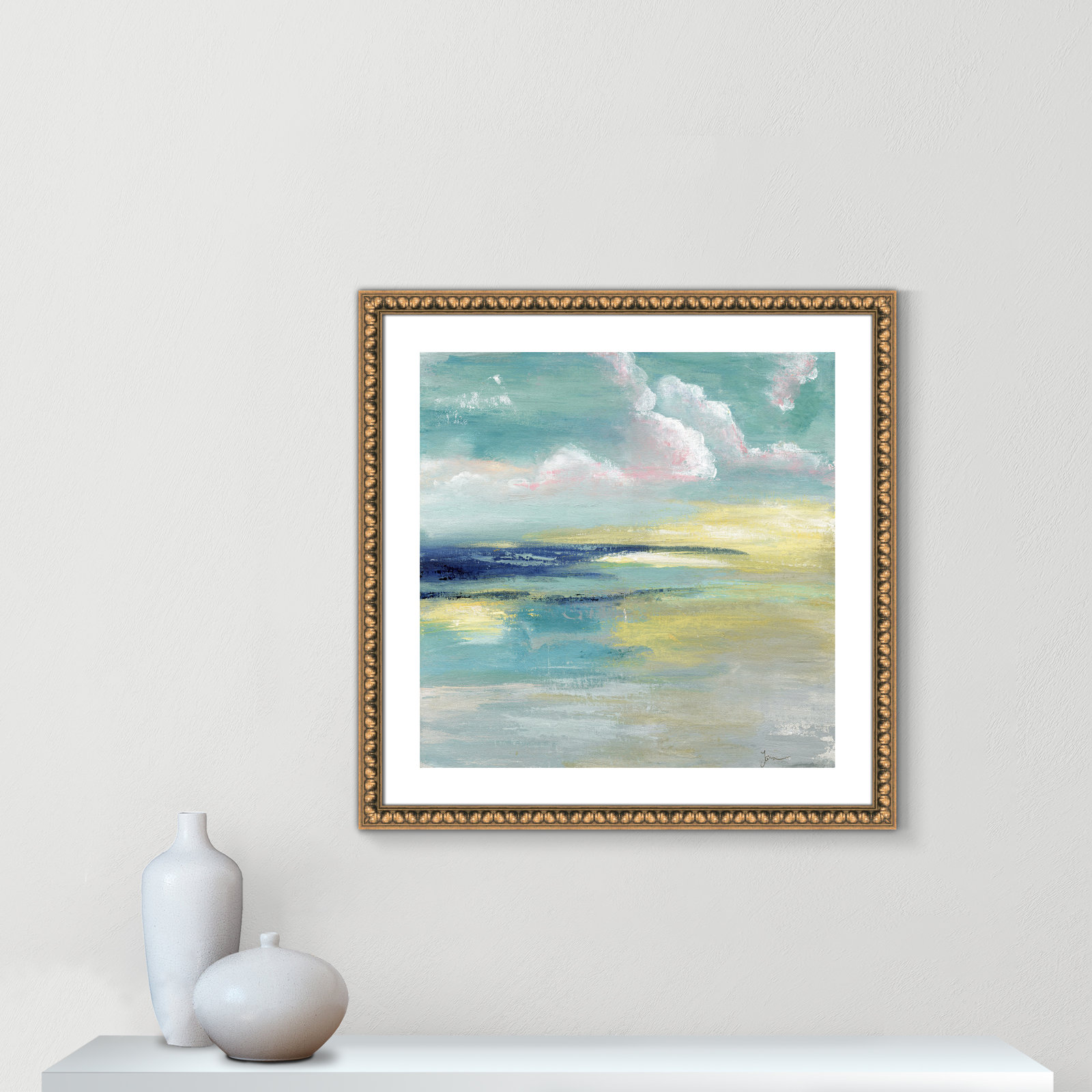 Bertie "Ocean View" Painting by Tava Studios, 28.75" H x 28.75" W x 1.13" D, Gold Bead Framed Paper
