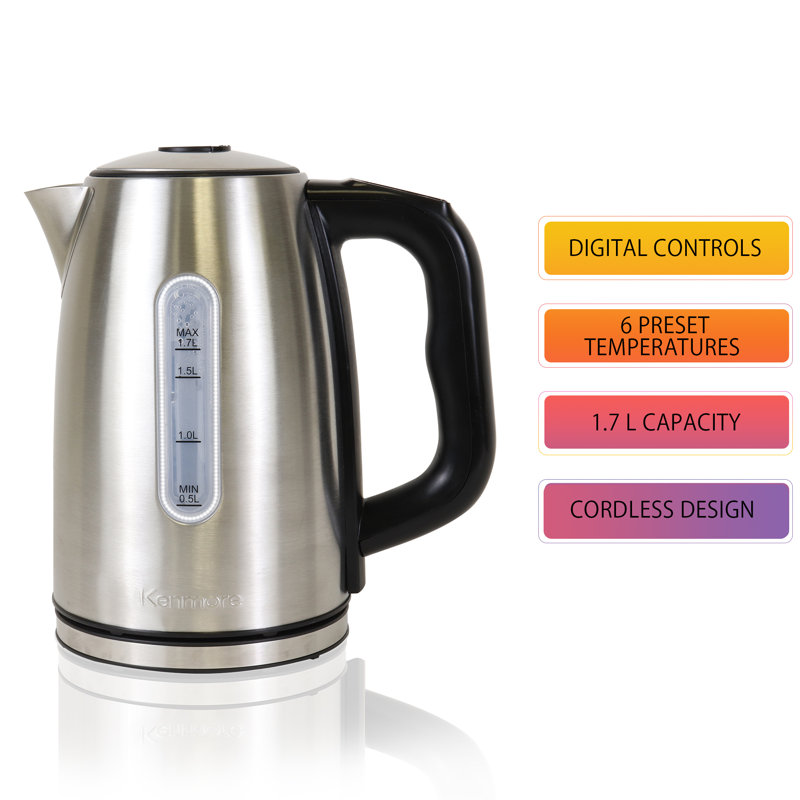 Kenmore 1.7L Stainless Steel Cordless Electric Kettle with Digital Controls