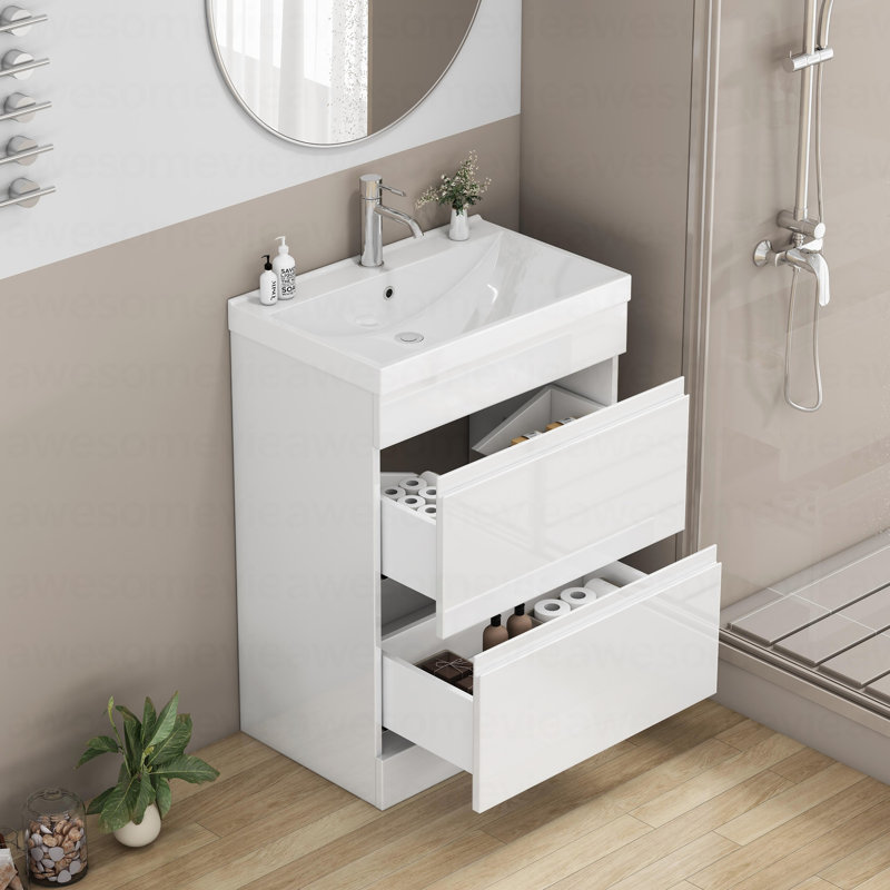 Ensemble de meuble-lavabo 24 po avec lavabo, meuble-lavabo à 2 tiroirs, armoire de salle de bain autoportante à assemblage rapide, système de fermeture en douceur, cuve en céramique à bords épais unique, conception sans poignée, blanc brillant