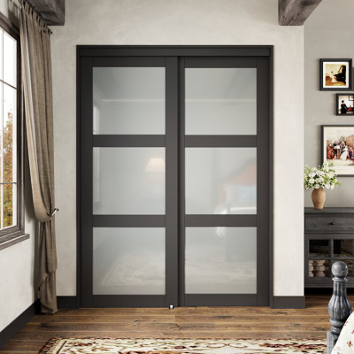 Black 80 in. 3 Lite Forsted Glasses  Pantry & Closet Sliding Doors With Hardware Kit  (No assembly required)