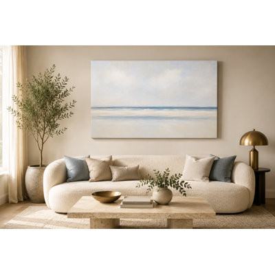 Minimal Blue Coastal Horizon Canvas Wall Art, Soft Ocean Landscape Painting, Modern Wrapped Canvas Decor