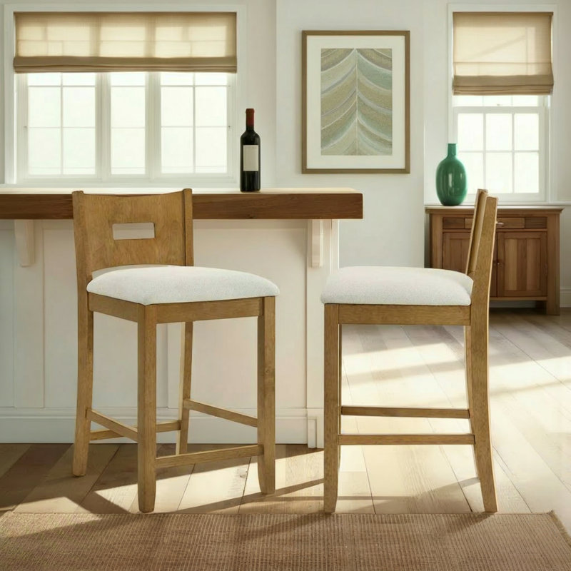 Tabouret de bar en bois d'hévéa avec siège en tissu Barrymore, Beige, 2, Tabouret de comptoir (siège d'une hauteur de 26,5
