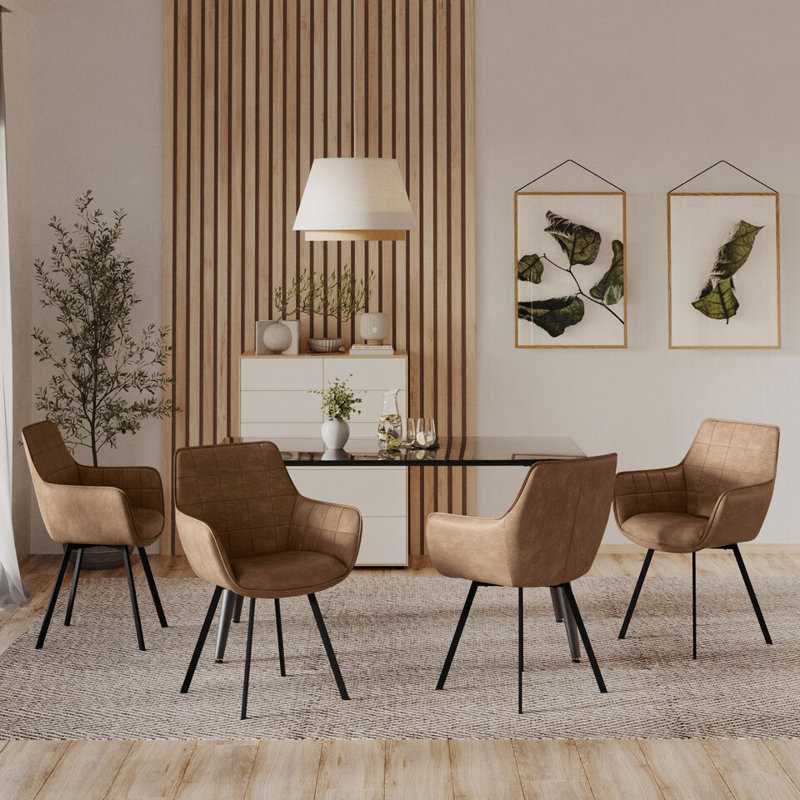 45.01cm H Upholstered Metal Dining Chairs in Leather, Cuoio