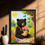 Art mural rétro noir, petit ours mignon jouant avec des papillons, impressions encadrées de style rétro-1700984643