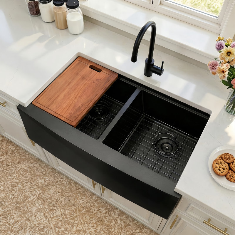 Évier de cuisine en acier inoxydable calibre 16 LQS L 33 po x l 20 po Workstation Farmhouse, Noir