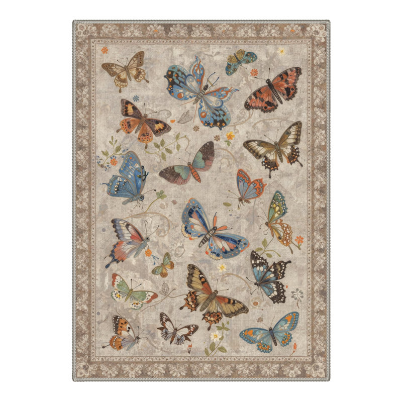 Adonis Aura Floral Butterflies Machine Washable Beige / Brown Indoor Area Rug with Non-Slip Backing, Rectangle 8' x 10'