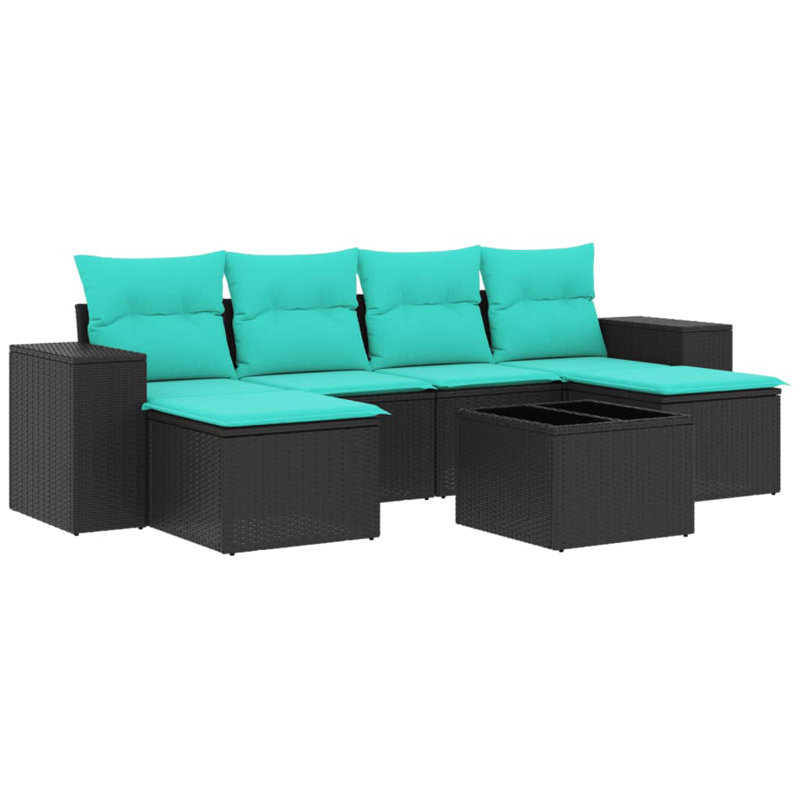 Ensemble de canapé de patio 7 pièces avec coussins en rotin de polyester, Bleu clair, Noir
