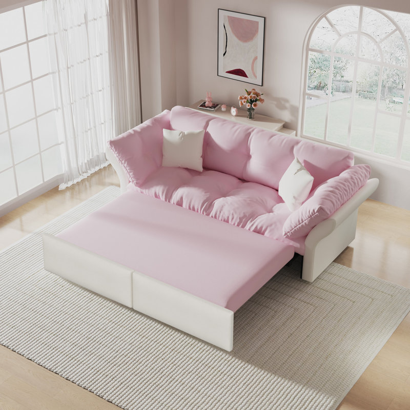 Lit gigogne convertible 3 en 1 rose de 74,8 po, velours avec 2 coussins moelleux, sommeil confortable, grand lit facile à utiliser, cadre, solution peu encombrante