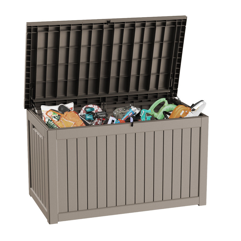 Coffre de terrasse verrouillable à grain de bois 230 gallons avec résine résistante à l'eau, Brun