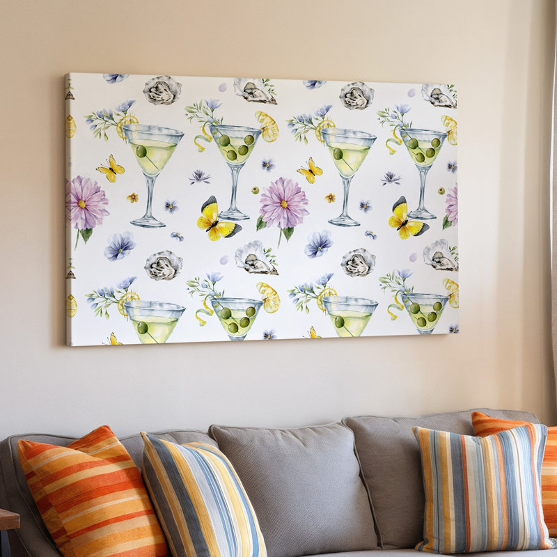 Toile d'un motif sans couture avec verres à martini élégants remplis d'un art mural jaune clair orné d'olives vertes et toile
