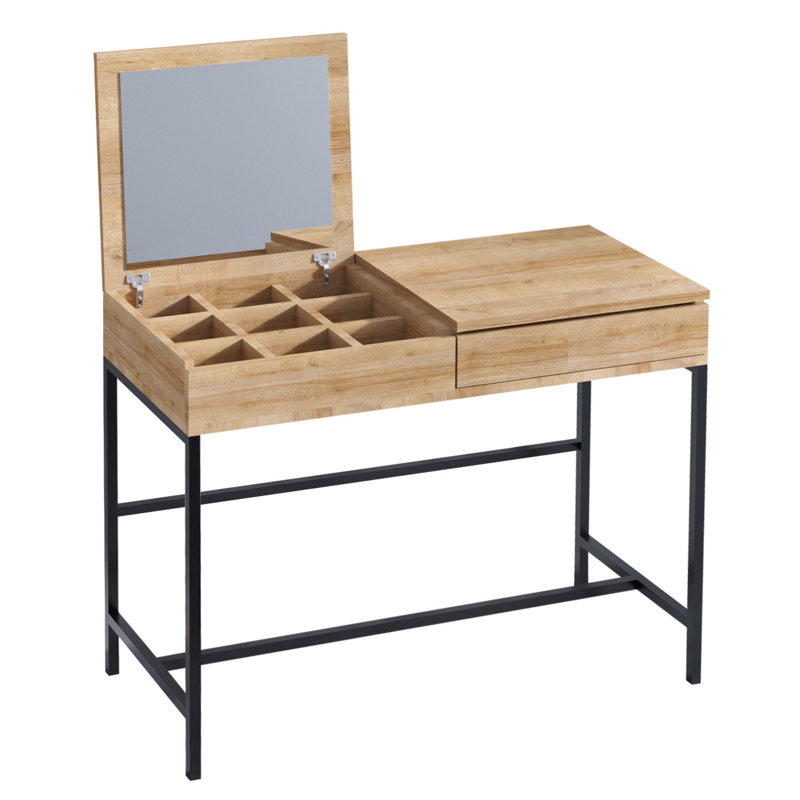 Table de maquillage moderne avec pieds en métal, finition chêne et noir, 39,4 po x 17,7 po x 17,7 po | 100% panneau de particules enduit de mélamine, 0,7 po d'épaisseur | Conception murale avec plusieurs tablettes, parfaite pour les espaces élégants
