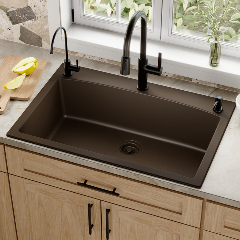 Karran Drop-in Quartz Composite 33'' X 22'' 1-Hole Single Bowl Kitchen Sink, Brown