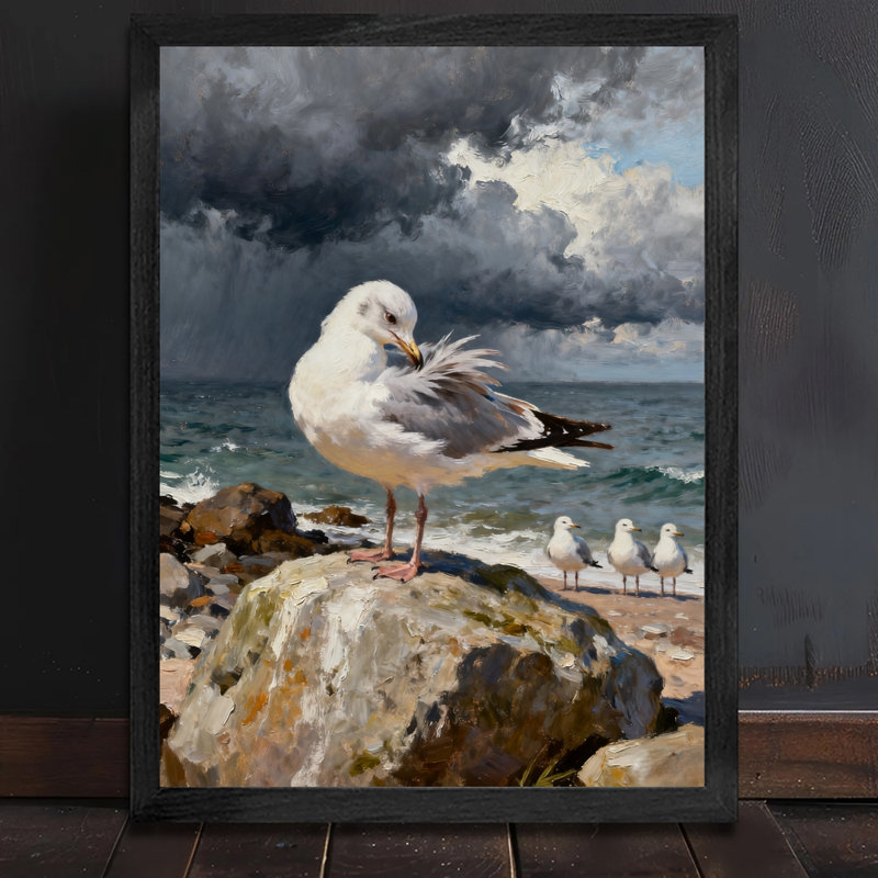 Art mural rétro noir encadré de mouette sur la plage, impressions de style rétro, H 11 po x l 9 po