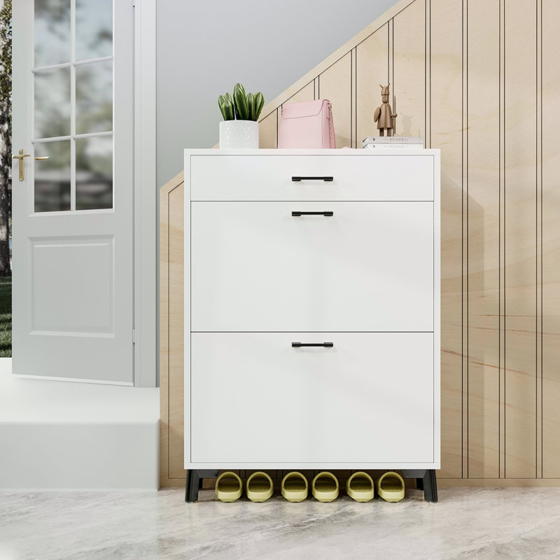 Shoe Storage Cabinet For Entryway, Free Standing Shoe Organizer With 2 Flip Drawers, Hidden Shoe Rack Storage Organizer For Doorway Hallway Closet