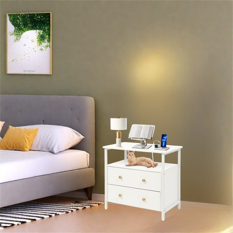 Table de chevet moderne avec station de charge et tablette ouverte, Blanc