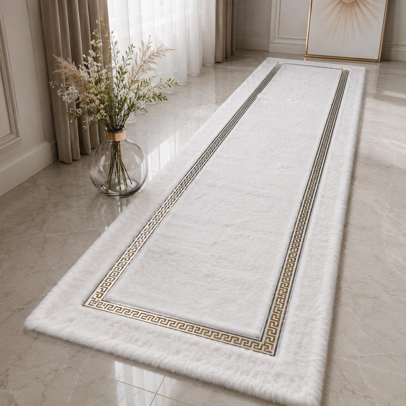 Tapis blanc moelleux, bordure géométrique argentée, fausse fourrure douce, décor moderne (format personnalisé), 6 x 9 pi