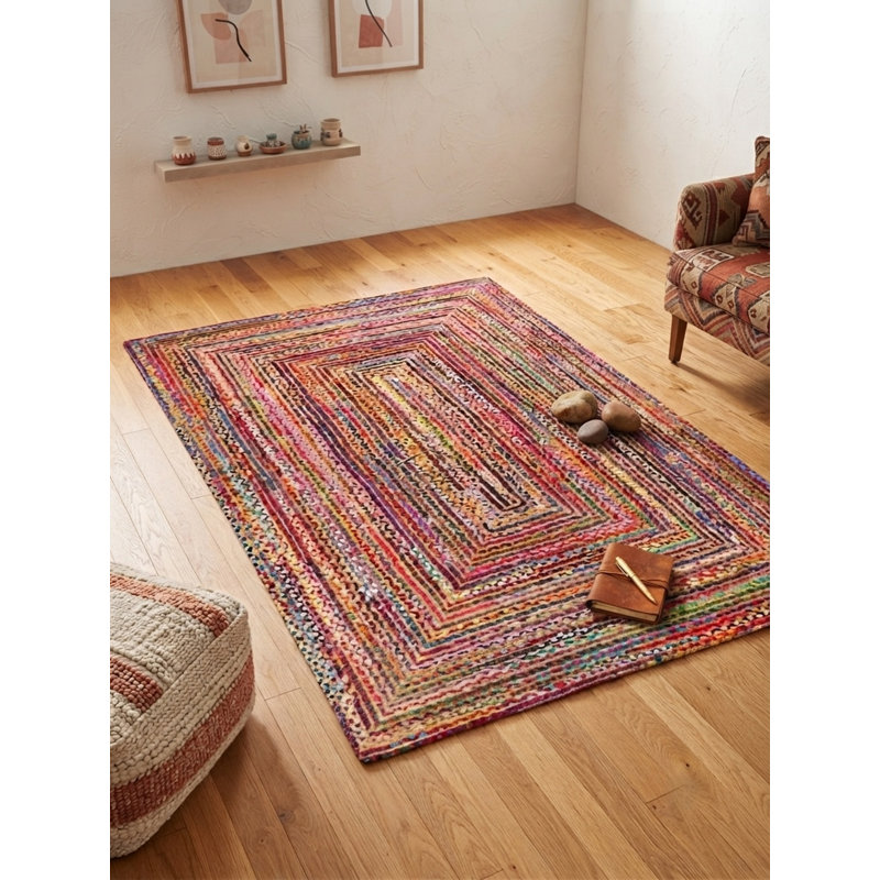 Hand Braided Cotton & Jute Contemporary Dark Multicolor Square Area Rug, Square 5'