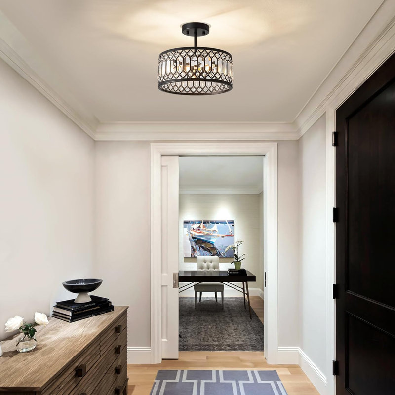 12,2 po. Plafonnier semi-encastré en cristal noir 12,2 po. Luminaire rond moderne à 3 lumières pour couloir de chambre à coucher