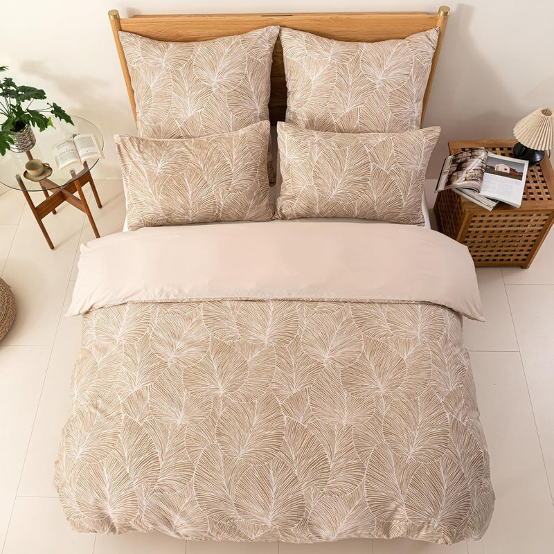 Microfiber Floral Duvet Cover with Pillowcases Included, Beige
