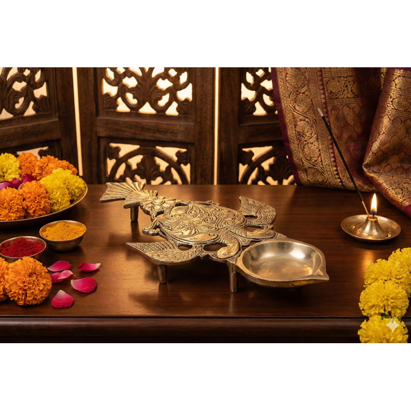 11-Inch Handcrafted Brass Peacock Oil Lamp, 5-Wick Annapakshi Diya for Altar & Traditional Deco