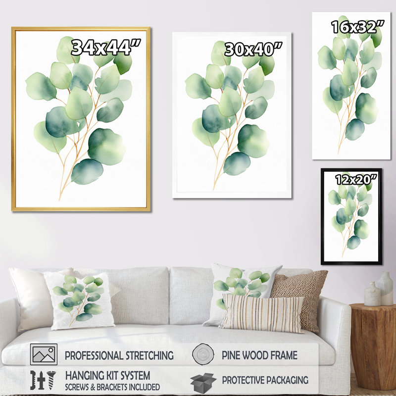 «White Green Minimalisme Eucalyptus Essence VII» sur toile, Cadre flottant noir, H 20 po x l 12 po x P 1,5 po