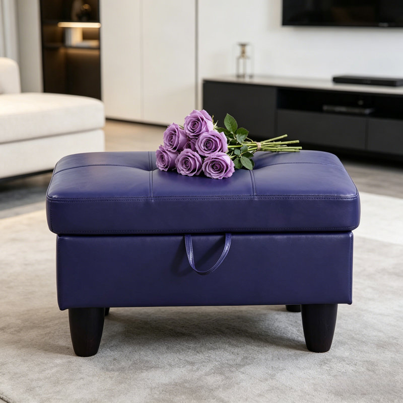 Multi-Functional Blue Faux Leather Ottoman with Hidden Storage Compartment, Blue Faux Leather