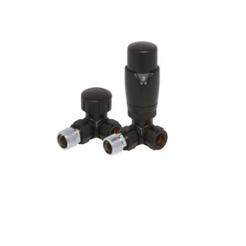 2 Piece Round Corner Thermostatic and Lockshield Radiator Valve Set, Black
