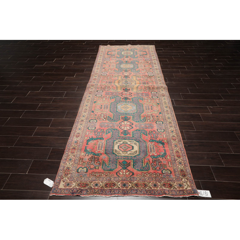 Tapis oriental turc Oushak en laine noué à la main 4 pi 3 po x 9 pi 4 po saumon délavé, couleur ardoise