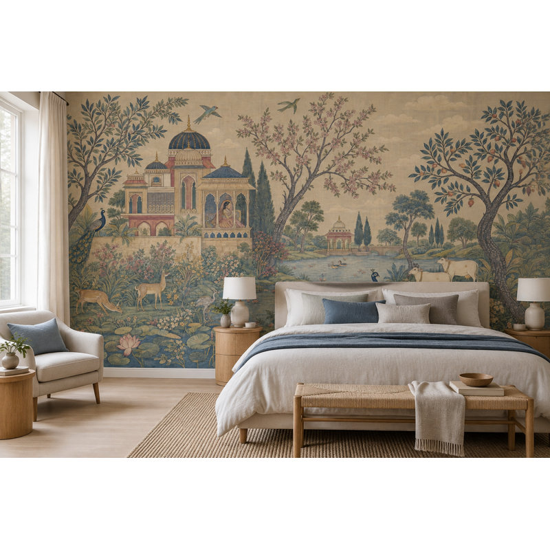 Papier peint Jardin Moghol, fresque murale du palais indien, 200"x120", Peel and Stick