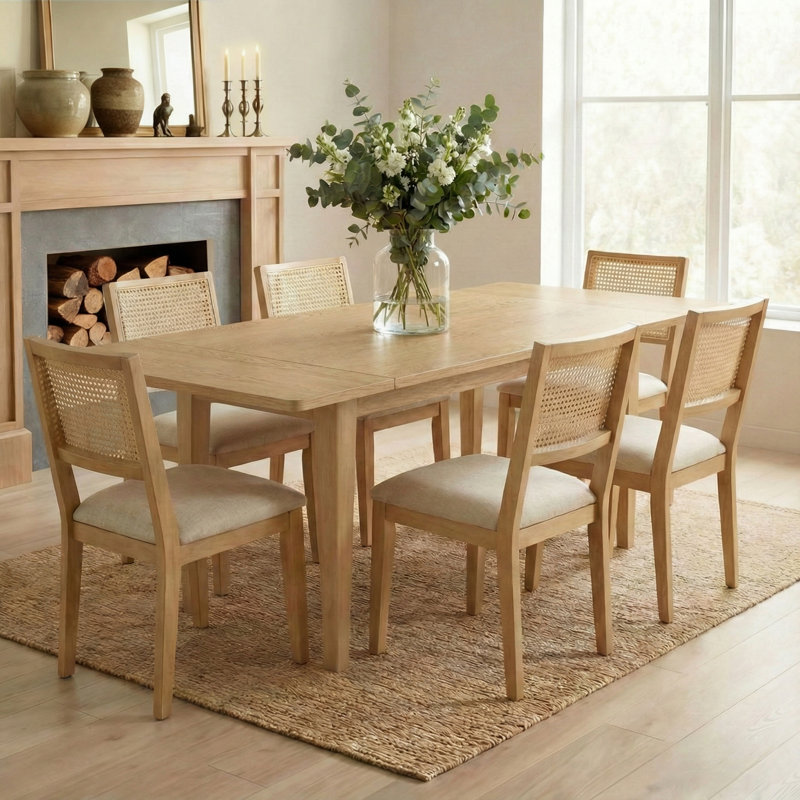 63"-95" Extendable Dining Table with 6 Solid Wood Faux Rattan Chairs