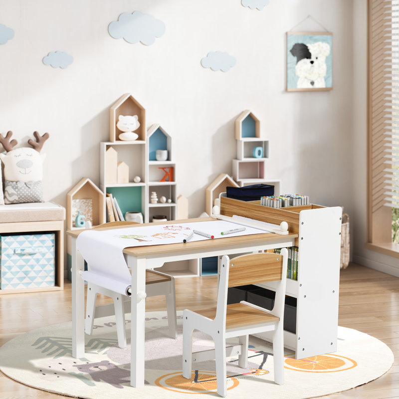 Kids Activity Table and Chairs Set with Storage and Paper Roll Holder, Age 3-6