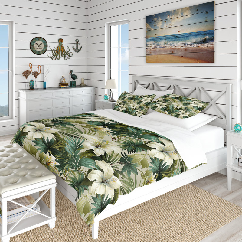 Literie discrète à motif tropical Tropics II, Housse de couette pour grand lit et 2 taies décor