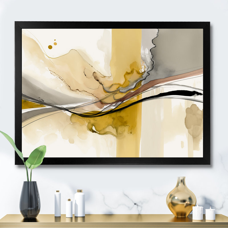 Touché par jaune moutarde et gris ultime IV - Abstrait, encres liquides, Cadre simple noir, H 12 po x l 20 po x P 1 po